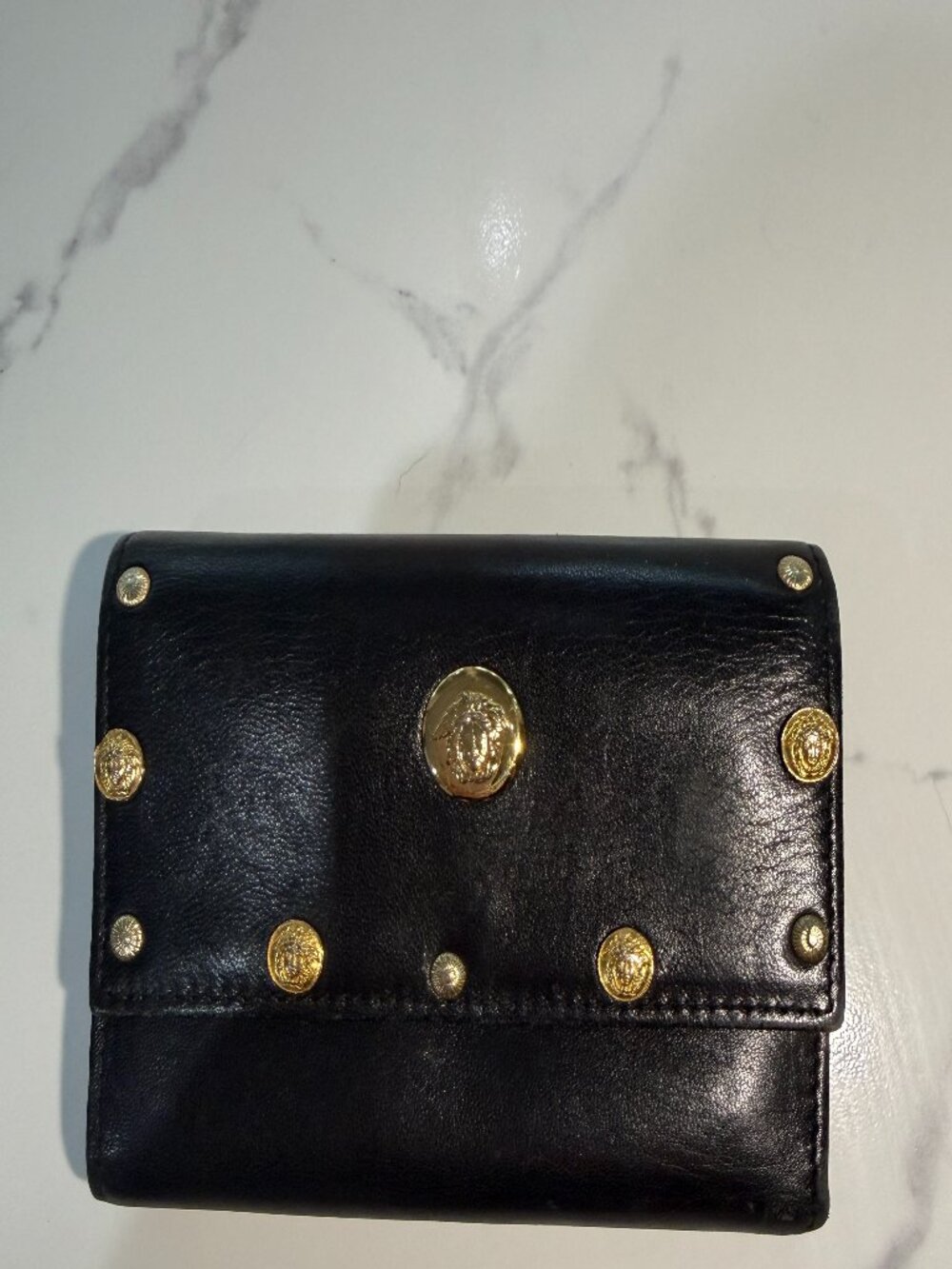 Vintage Fiocchi Black Gold Leather Tri Fold Wallet